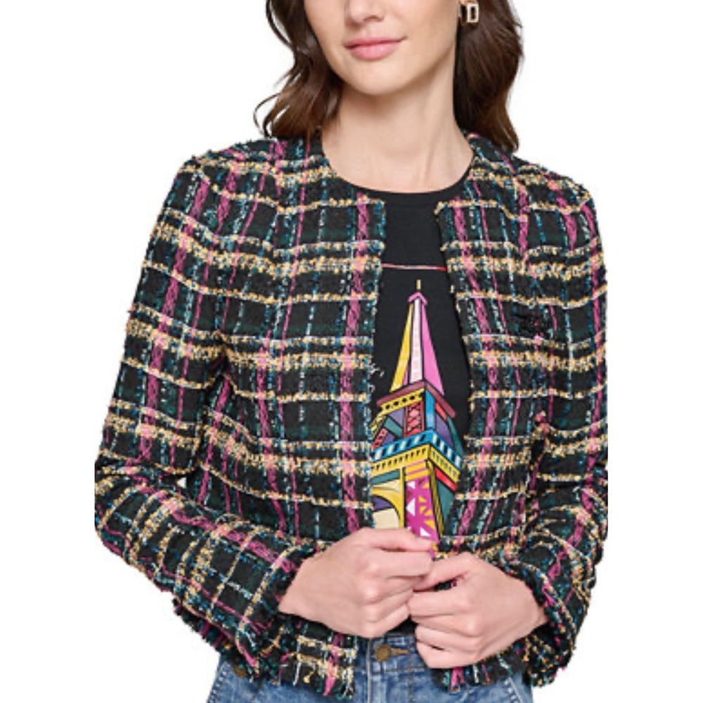KARL LAGERFELD PARIS Petite Tweed Open Front Jacket Black Pink Multi Color 8